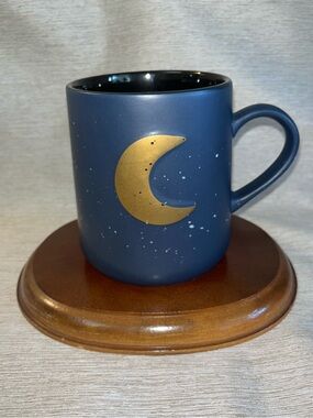 Celestial Moon Mug Navy Blue Gold Crescent Speckled Night Sky Coffee Cup 16 oz.